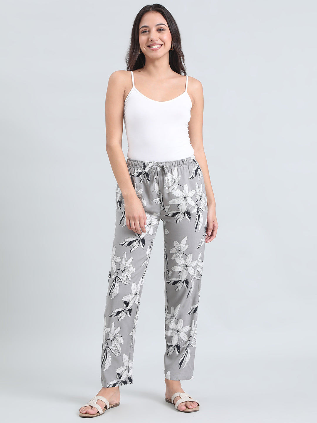 Grey Woven Viscose Printed Lounge Pants
