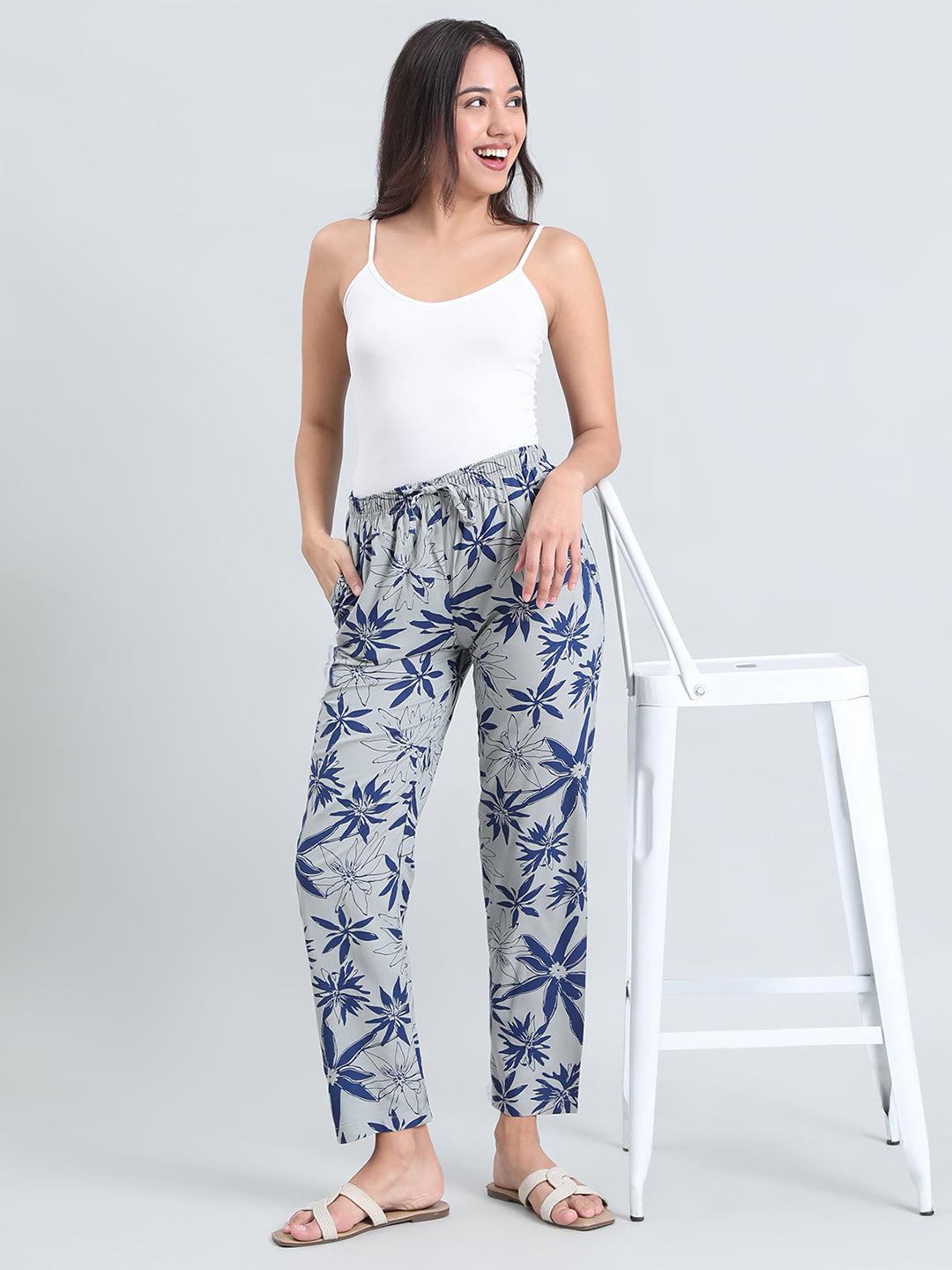 Grey Woven Viscose Printed Lounge Pants