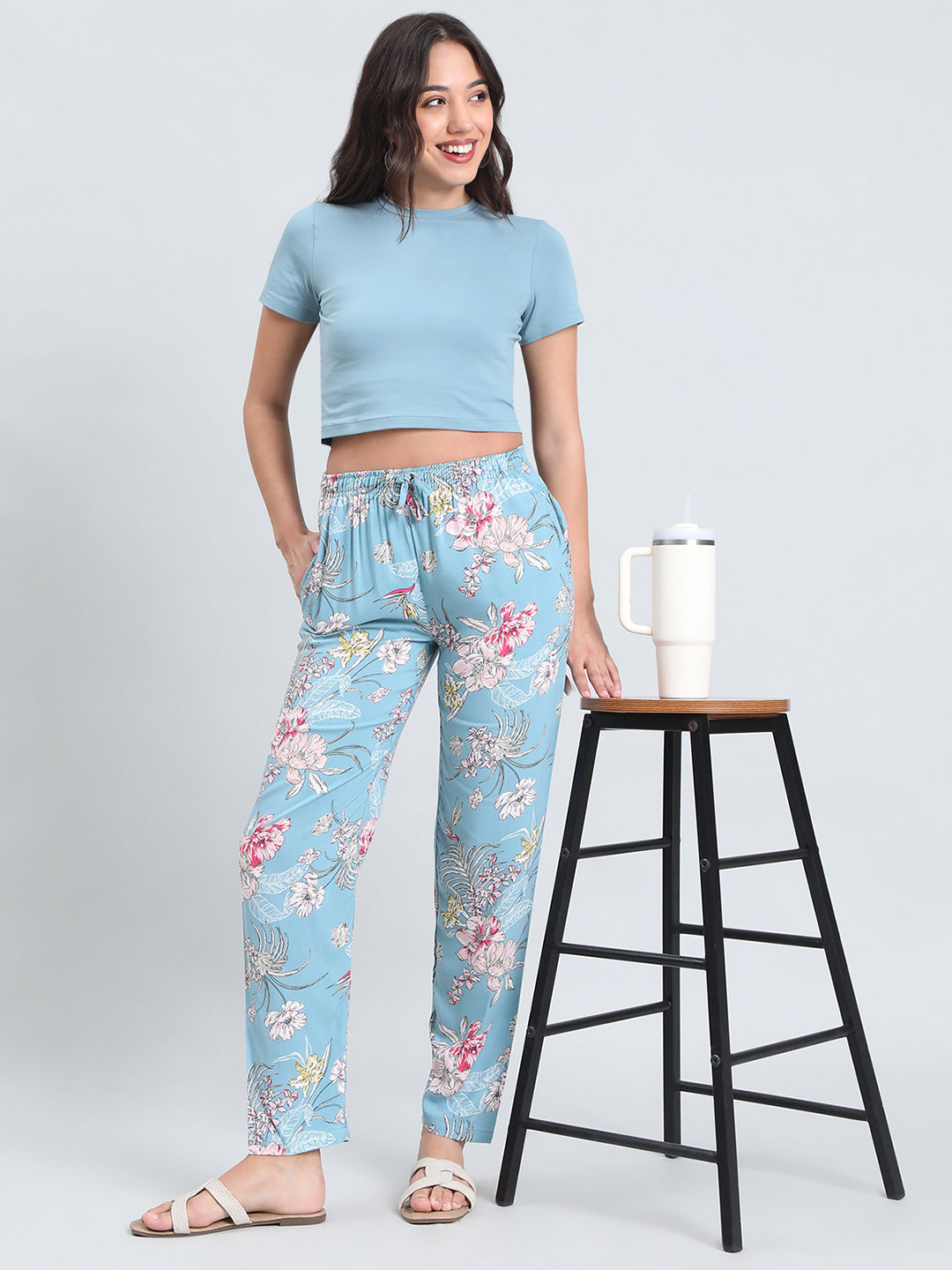 Blue Woven Viscose Printed Lounge Pants