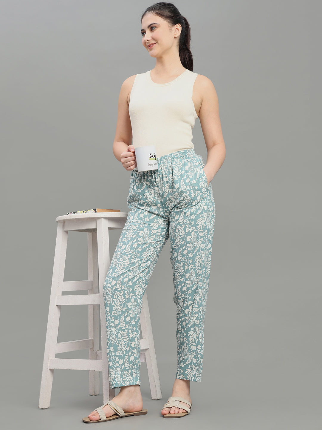 Blue Woven Viscose Printed Lounge Pants