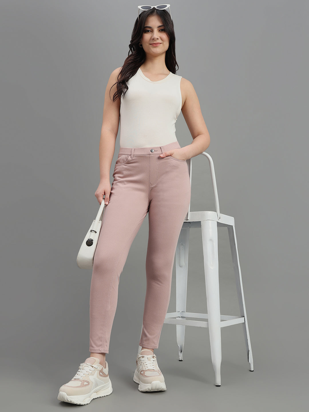 Dusty Pink Cotton Polyester Super Stretch Jeggings
