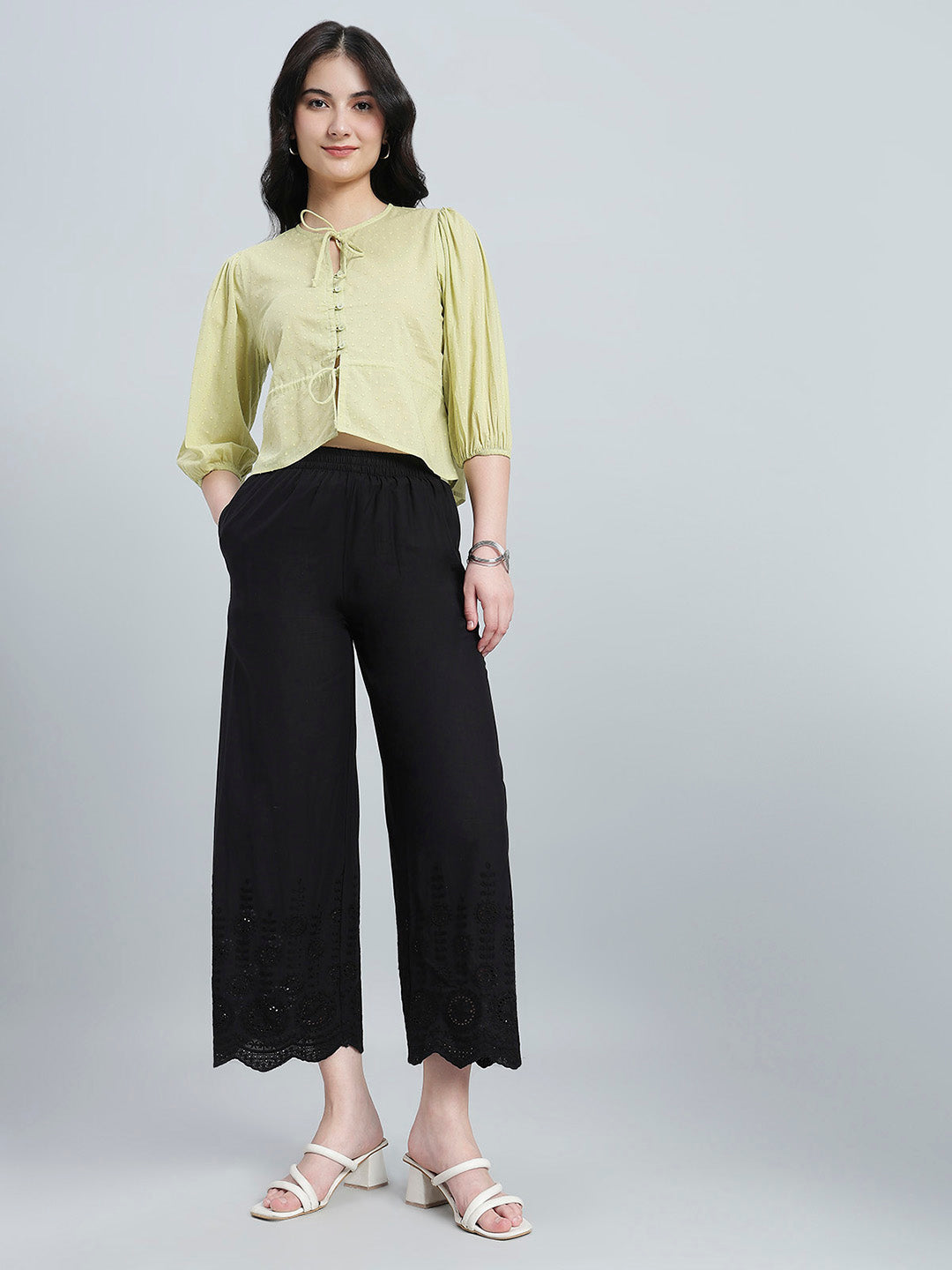 Black 100% Cotton Embroidered Wide Pant
