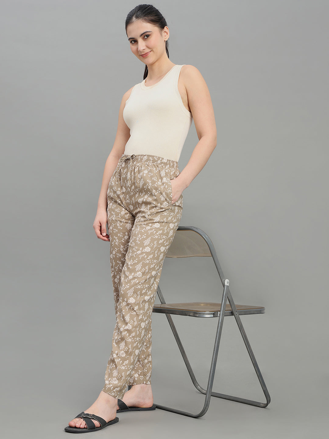 Beige Woven Viscose Printed Lounge Pants