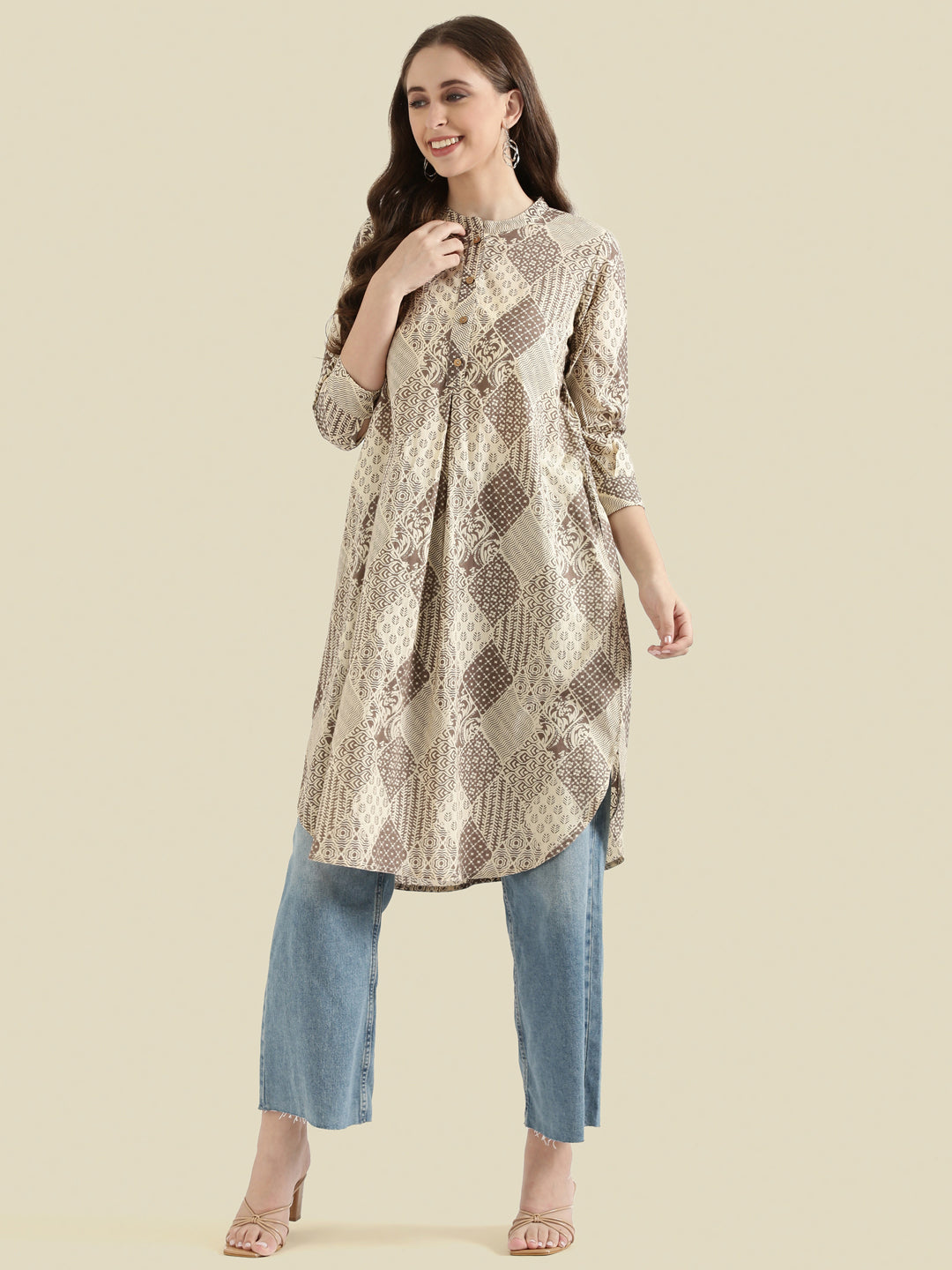 Cotton Patchwork Block-Print Loose Fit Kurta