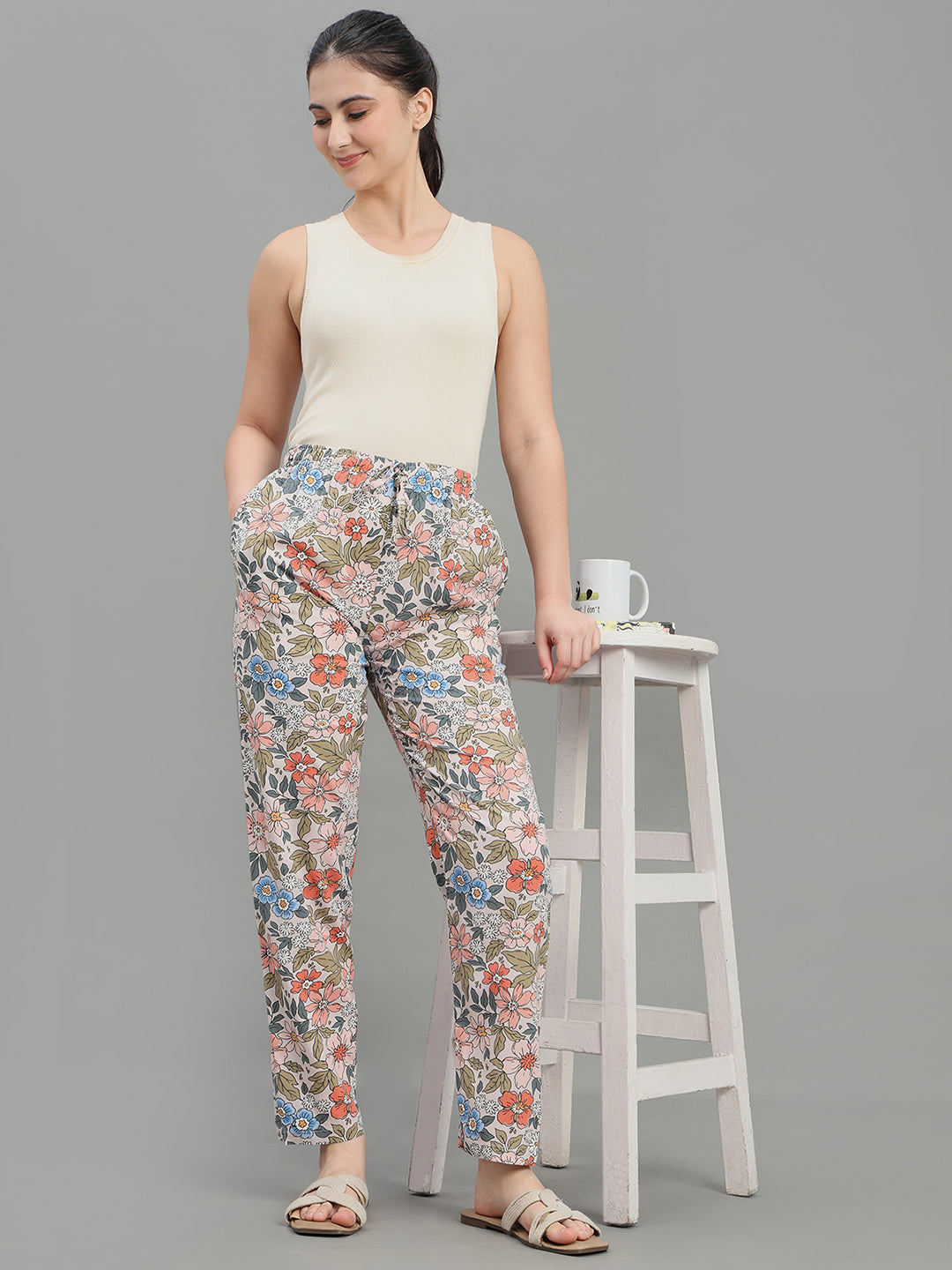 White Woven Viscose Printed Lounge Pants