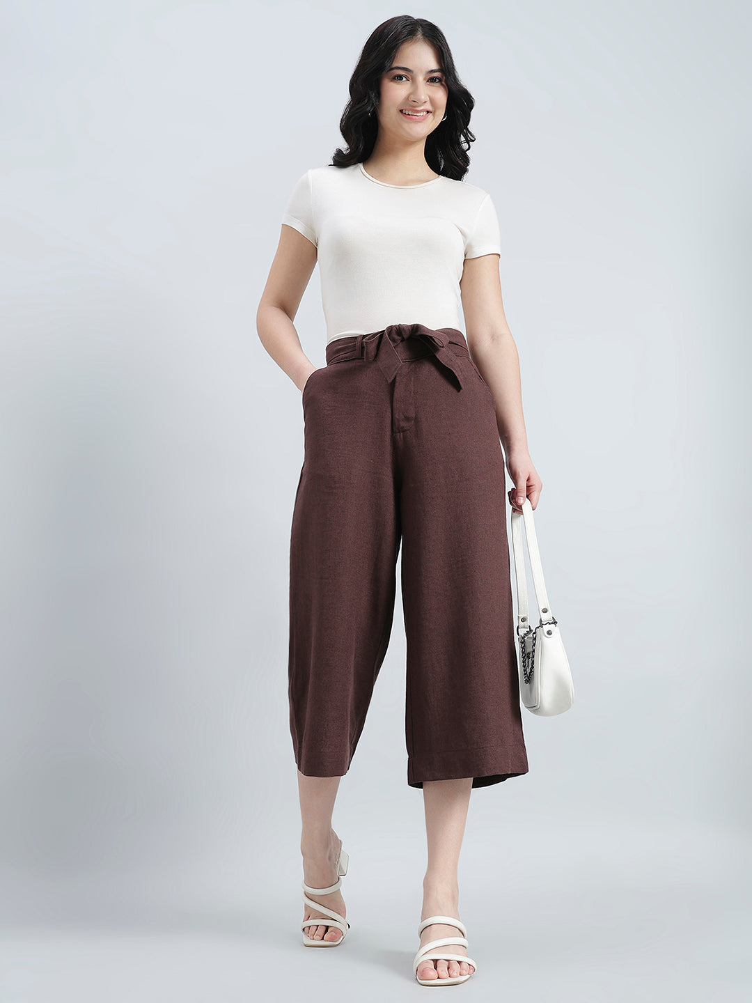 Brown Linen Blend Culottes