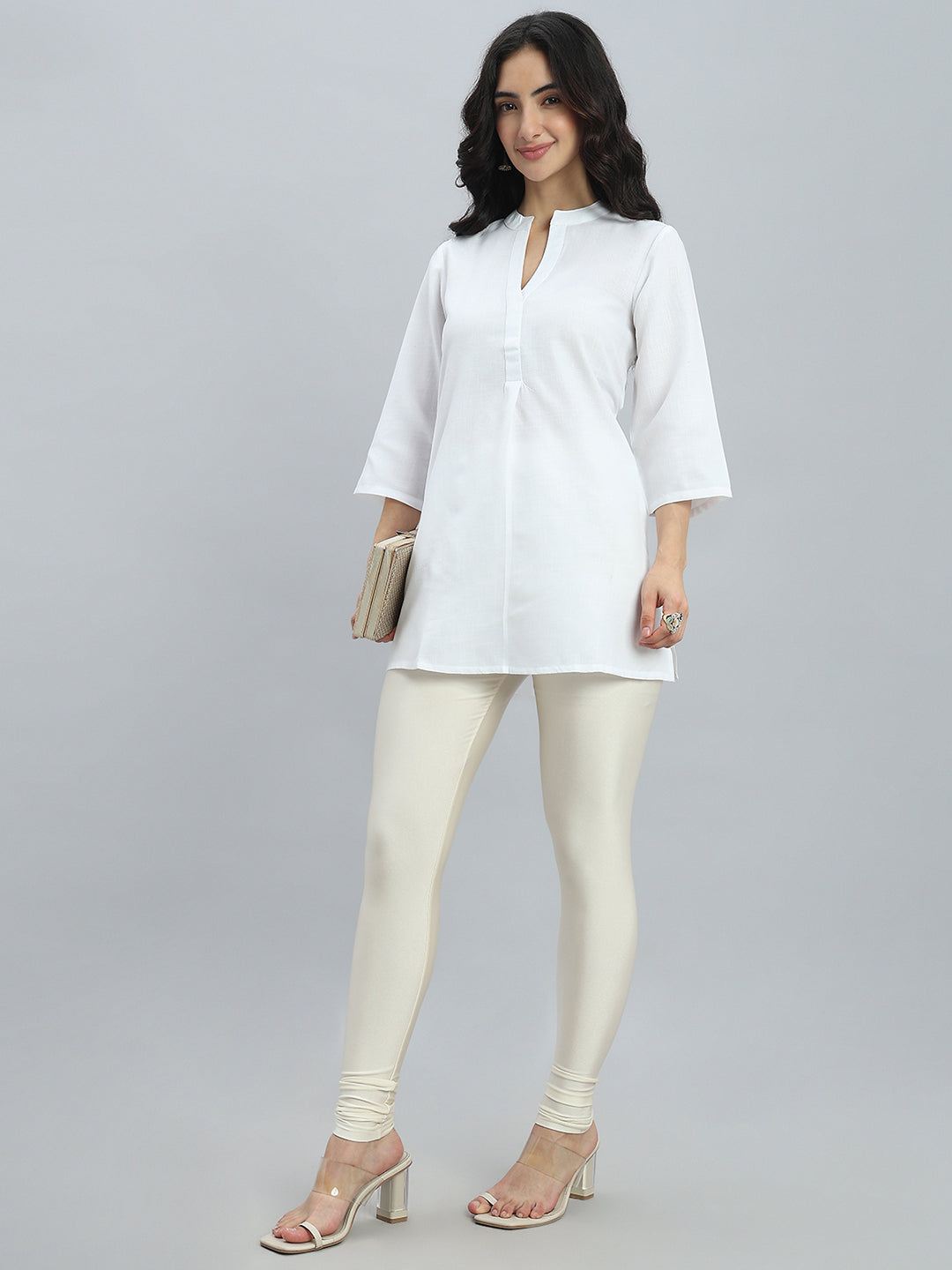 Cream Nylon Stretch Shimmer Churidar