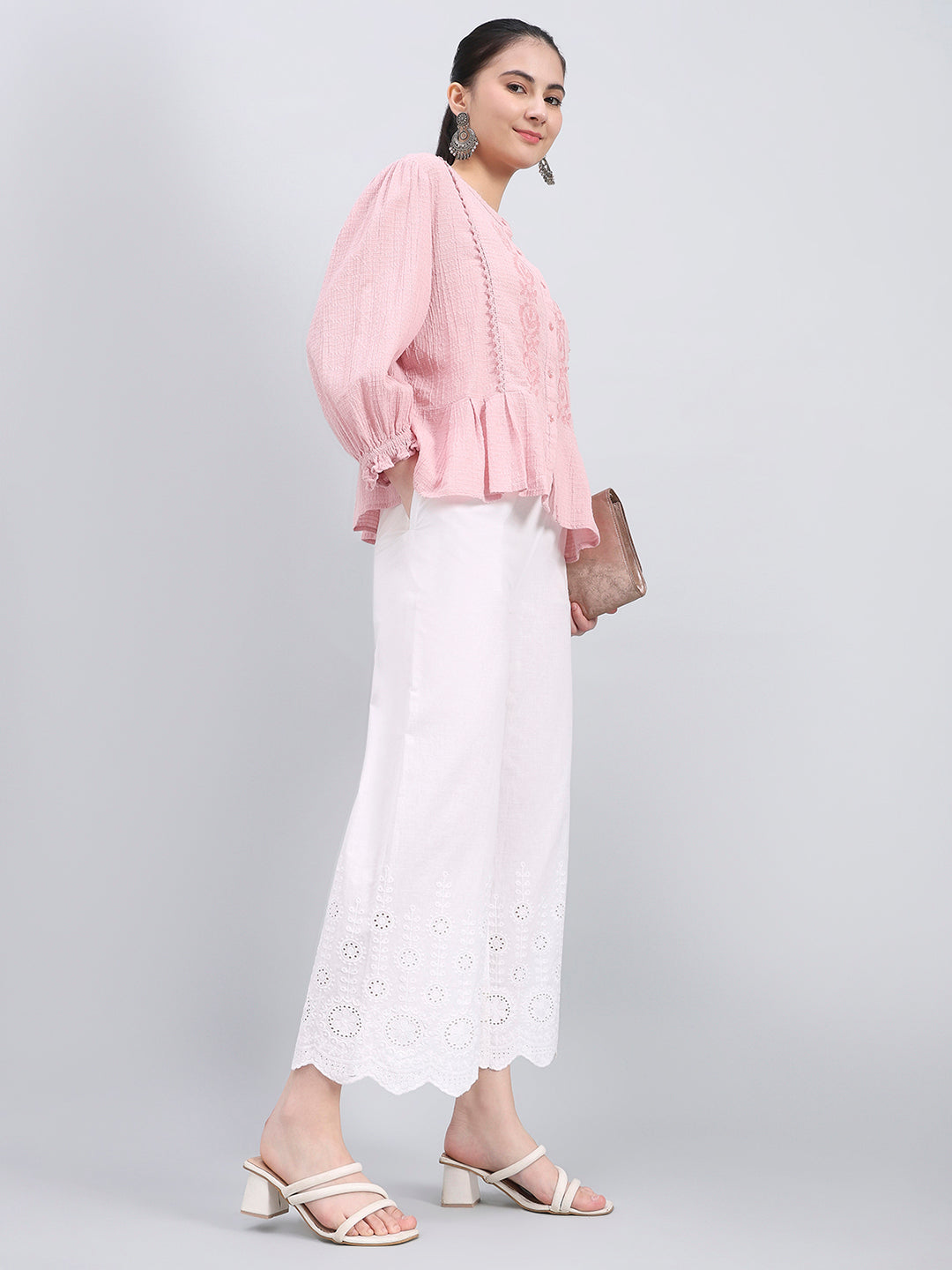 White 100% Cotton Embroidered Wide Pant