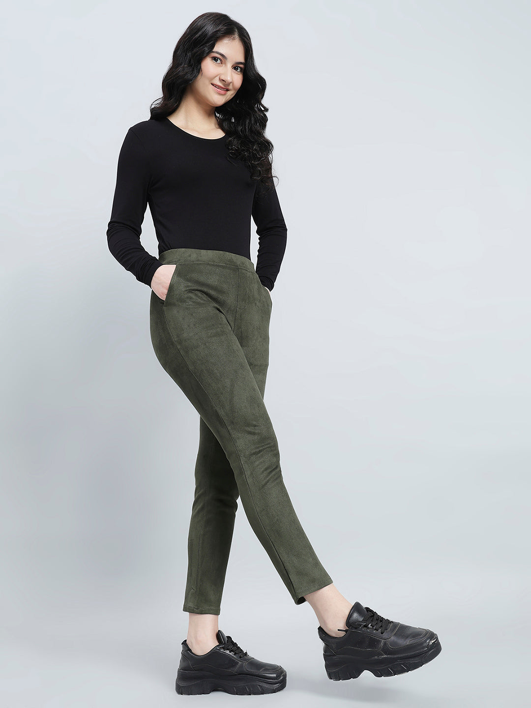 Dark Olive Poly Stretch Suede Tregging