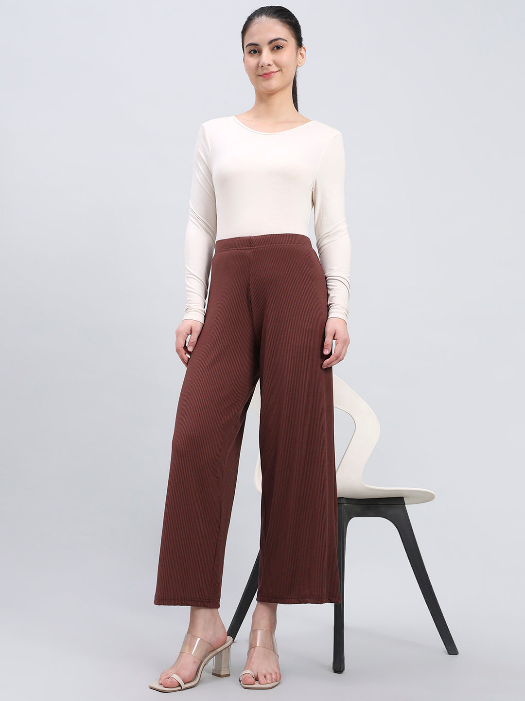 Brown Drop Needle Fabric Rib Palazzo