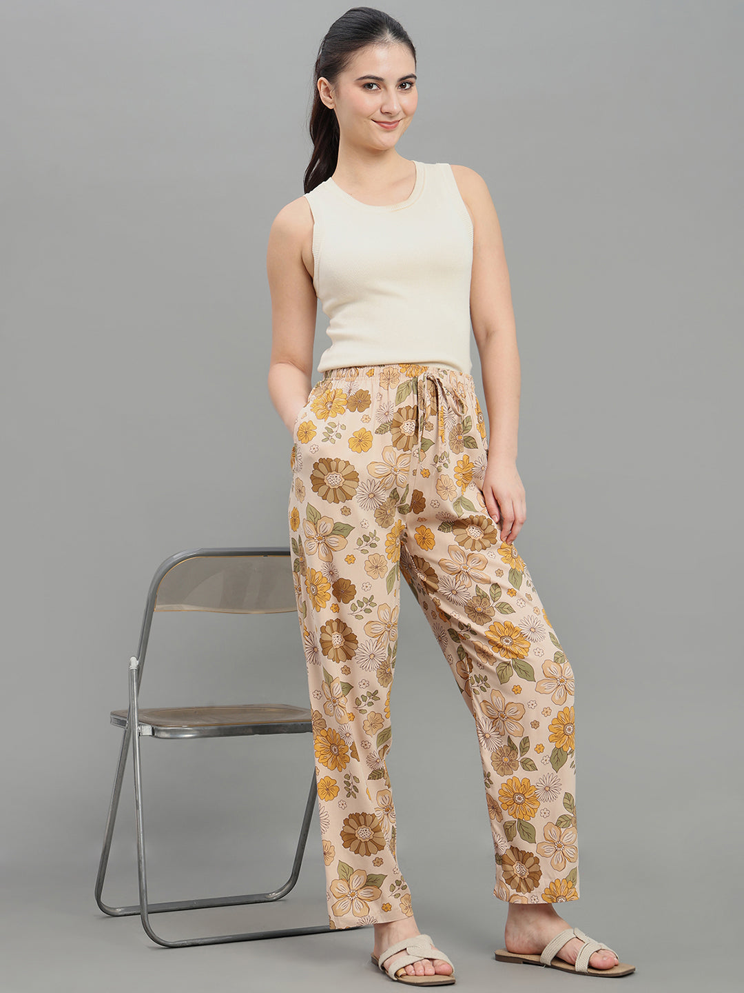 Beige Woven Viscose Printed Lounge Pants