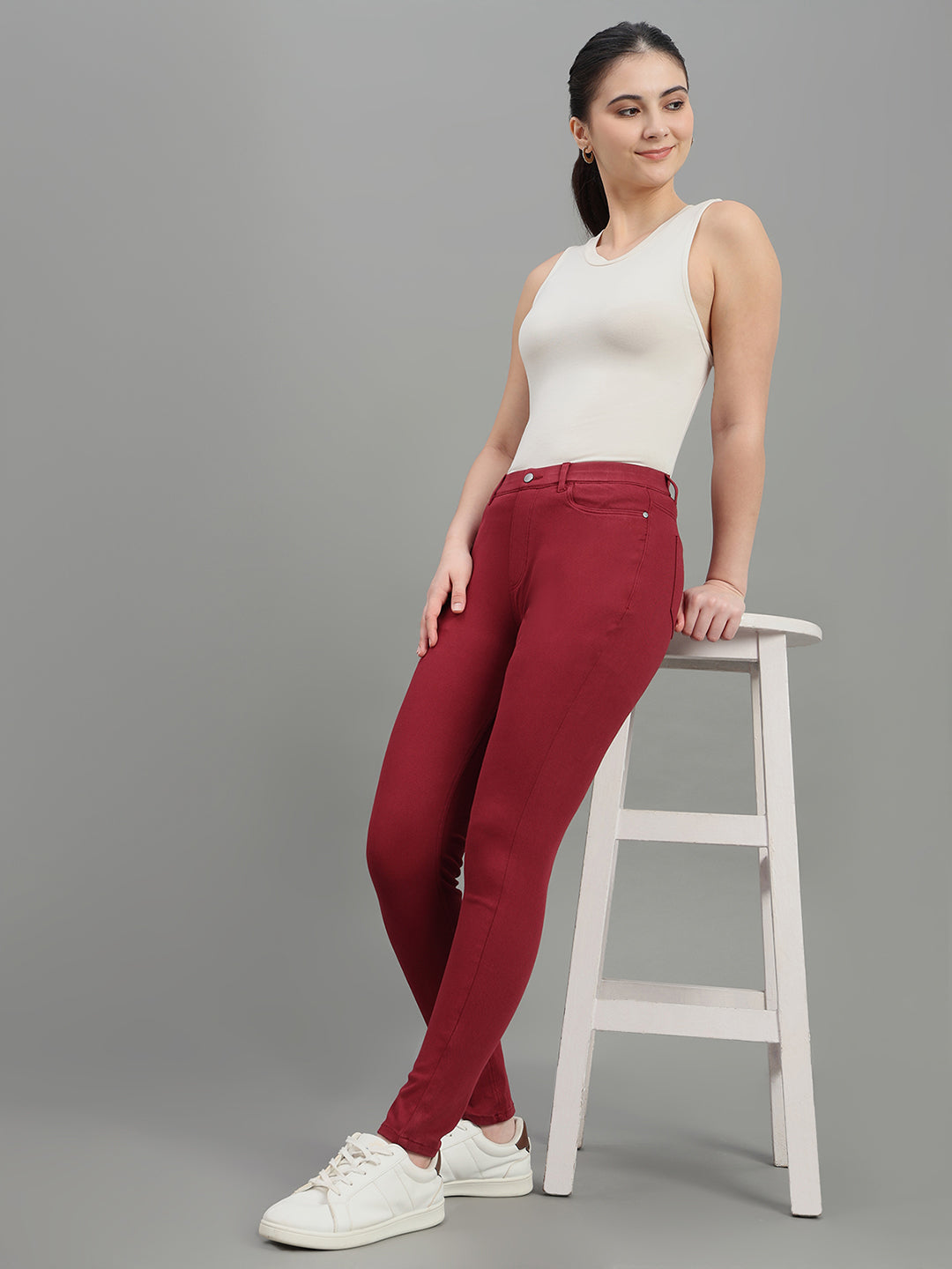 Bright Maroon Cotton Polyester Super Stretch Jeggings