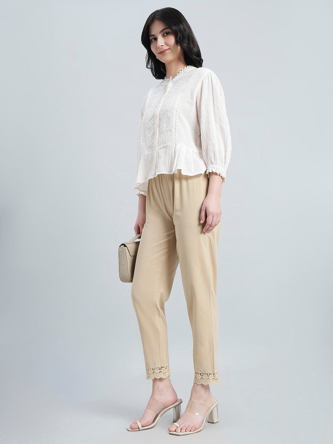 Light Beige 100% Cotton Lace Pencil Pant