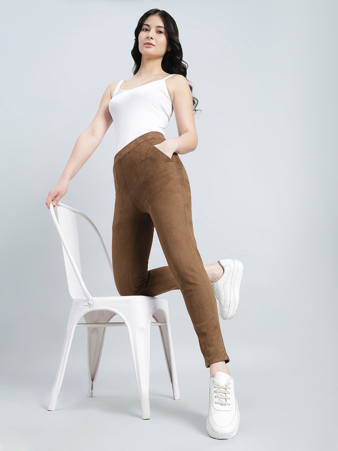 Brown Poly Stretch Suede Tregging