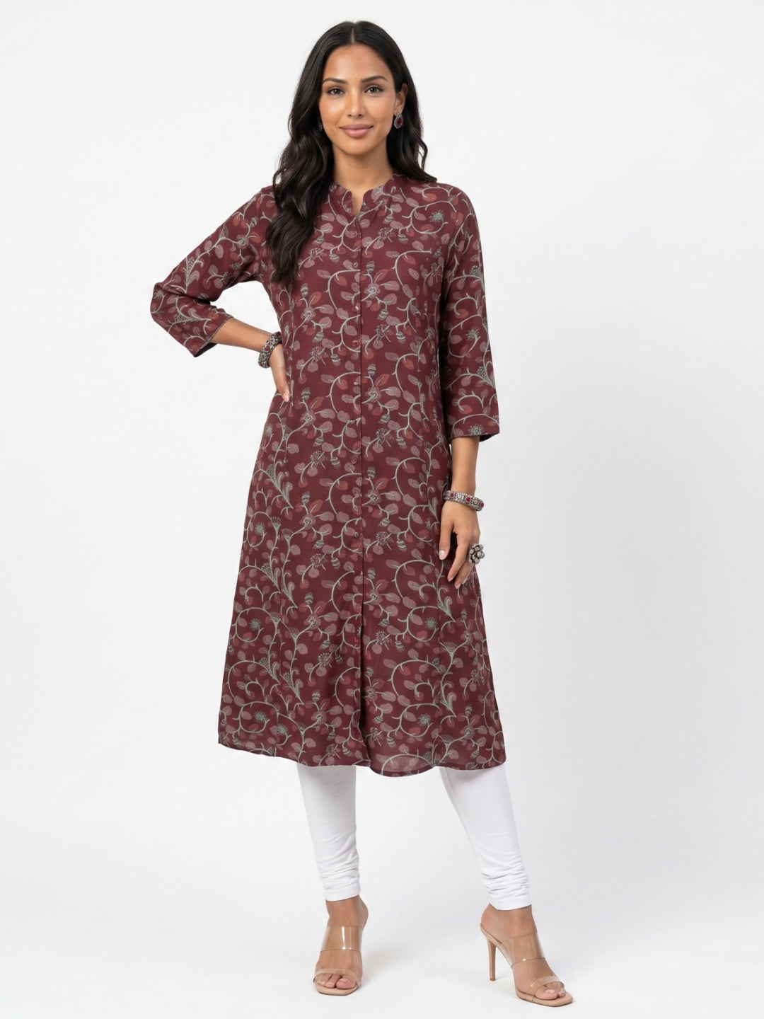 Pink Viscose Floral Print A-Line Kurta