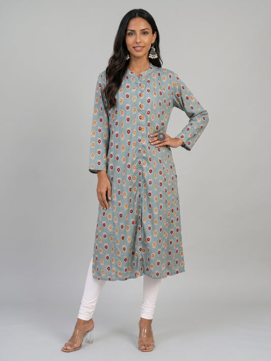Green Viscose Floral Print A-Line Kurta