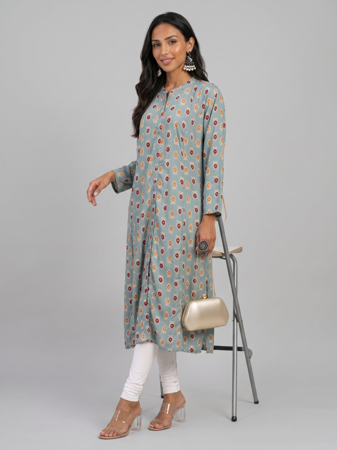 Green Viscose Floral Print A-Line Kurta