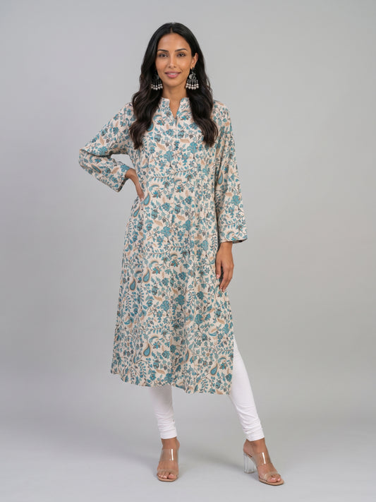 White Viscose Floral Print A-Line Kurta