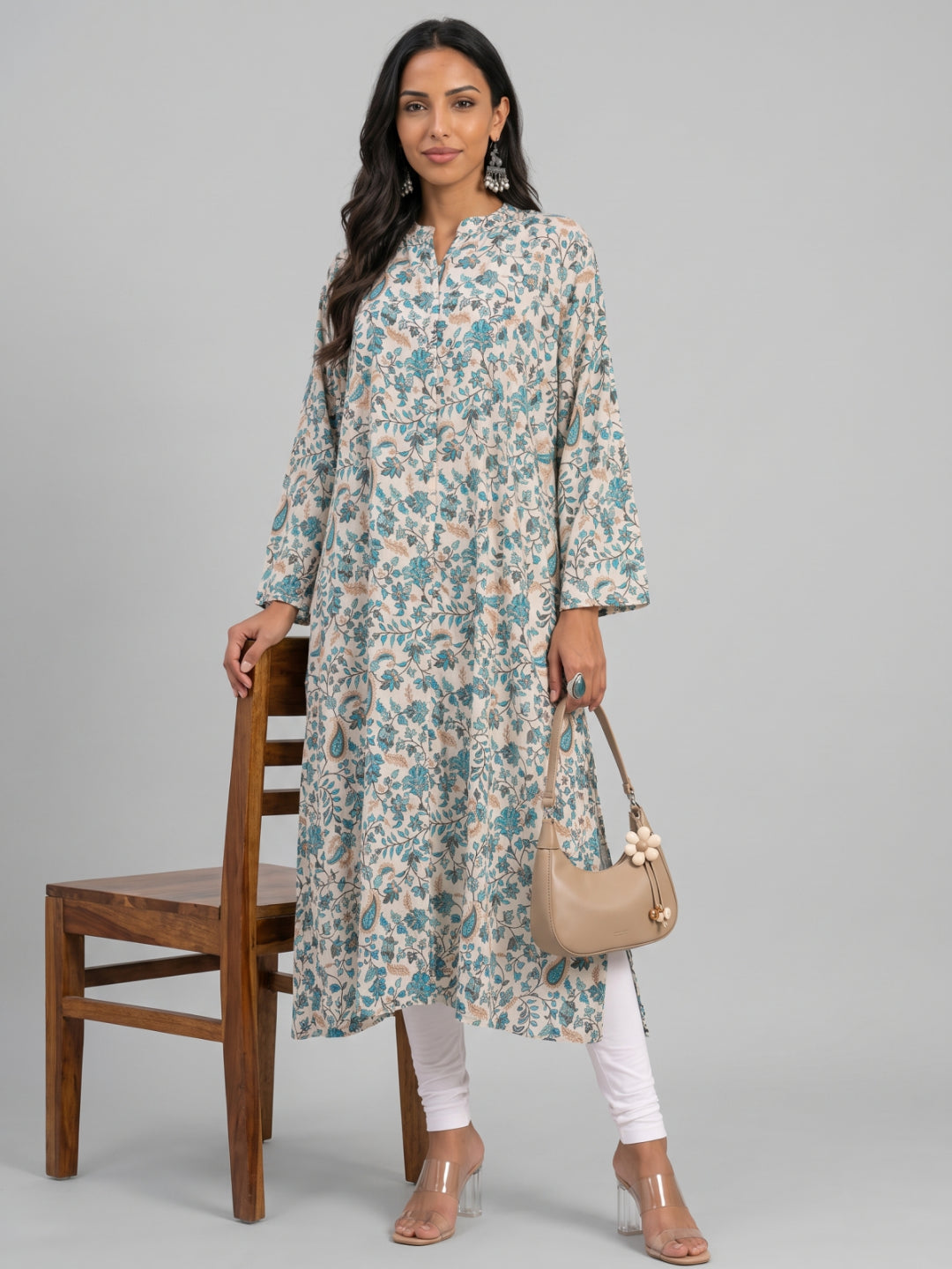 White Viscose Floral Print A-Line Kurta