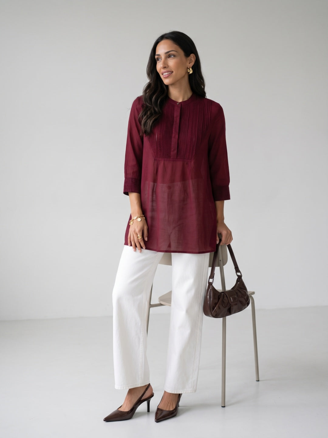 Pintuck Yoke Mandarin Collar Tunic