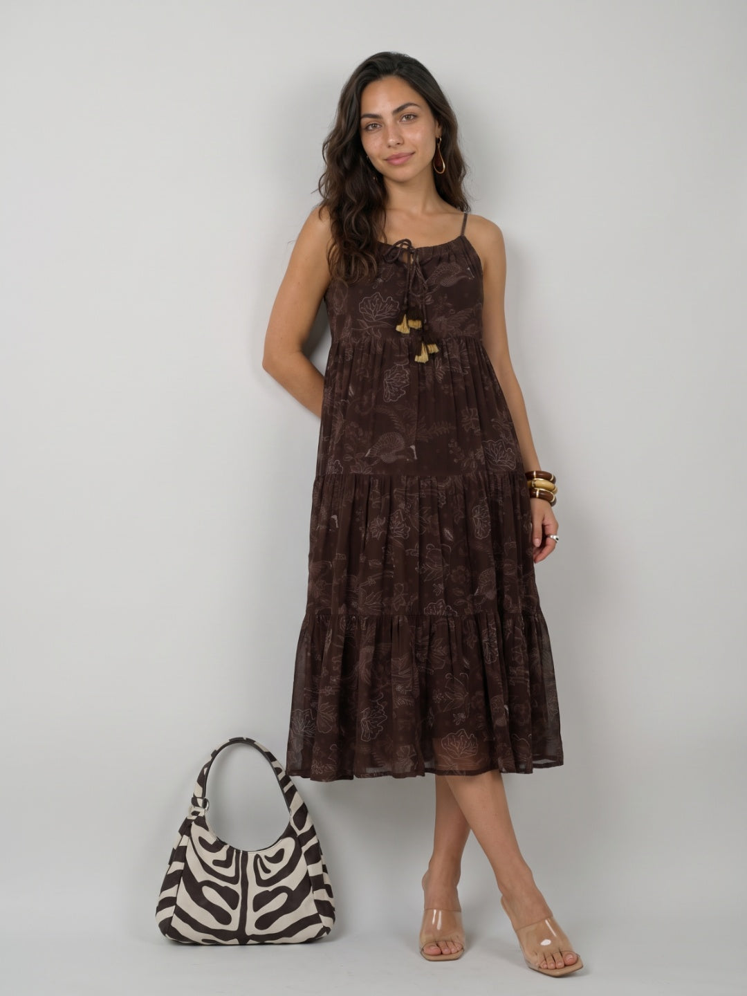 Tasseled Tie-Front Tiered Maxi Dress