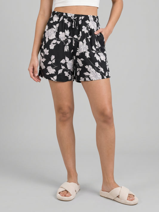 Black Woven Viscose Printed Lounge Shorts