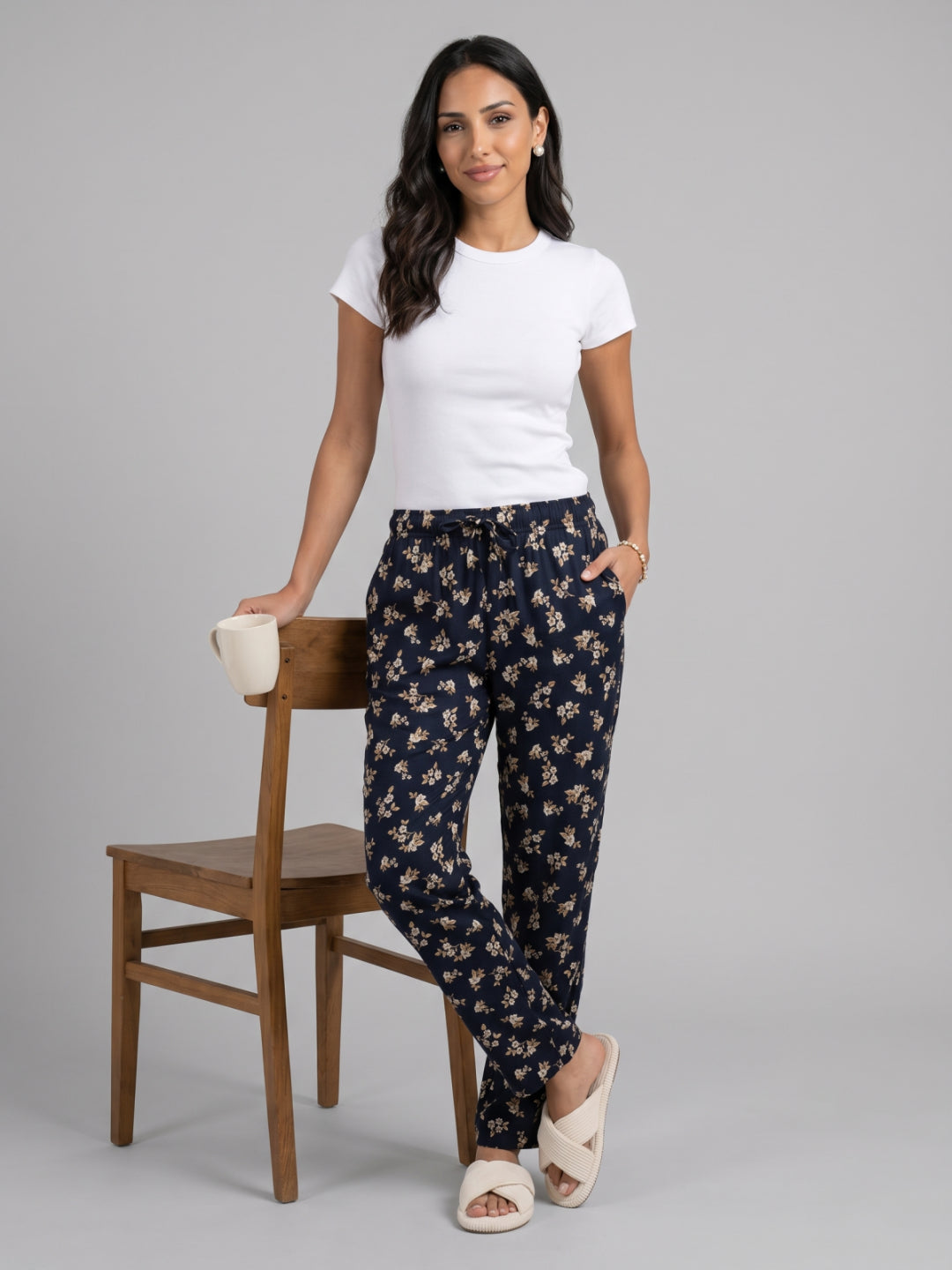 Navy Cotton Knit Printed Lounge Pants