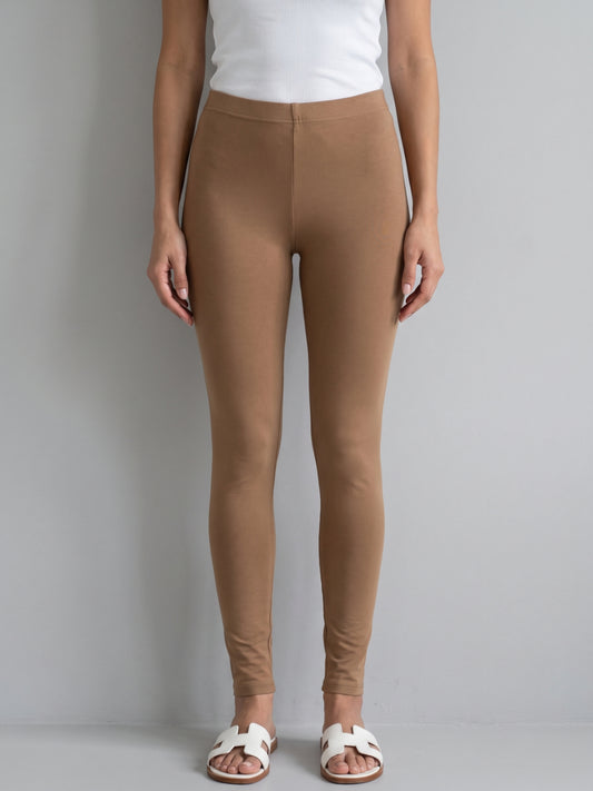 Light Brown Cotton Stretch Ankle Length Leggings