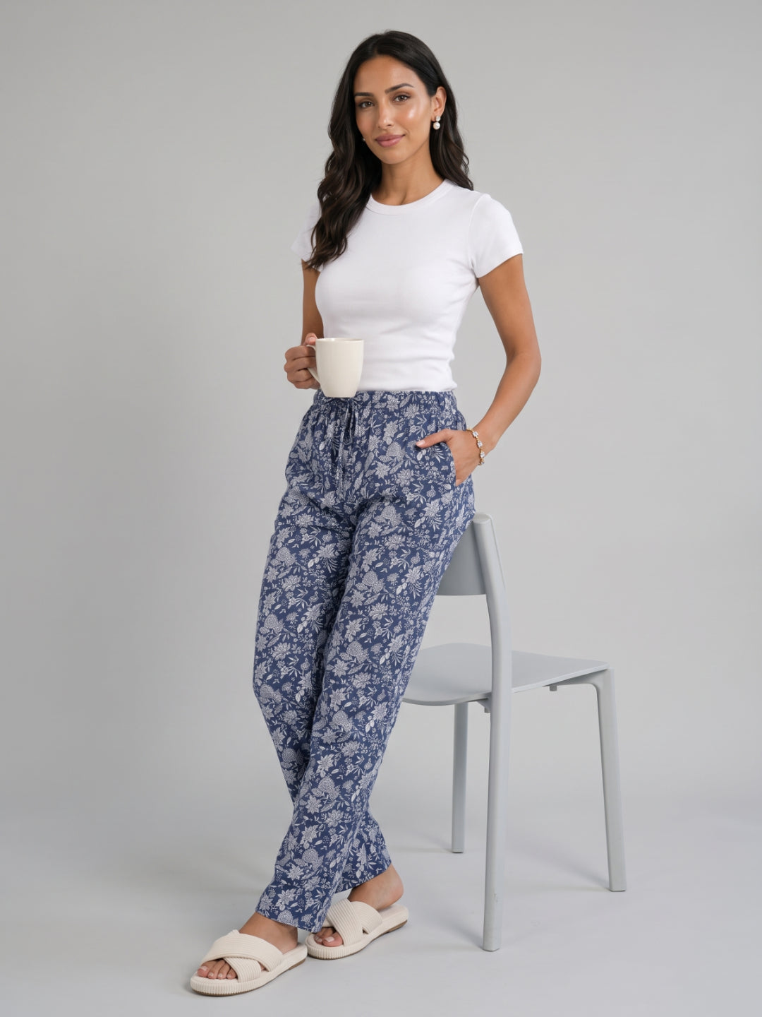 Navy Woven Viscose Printed Lounge Pants