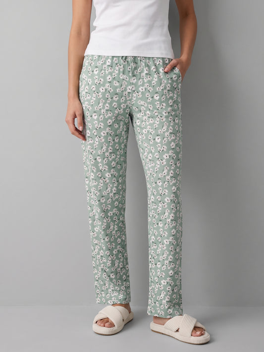 Green Cotton Knit Printed Lounge Pants