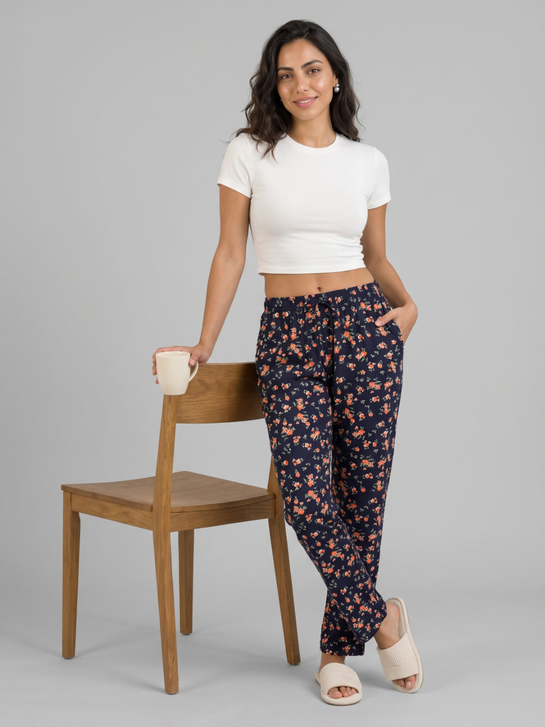 Navy Cotton Knit Printed Lounge Pants