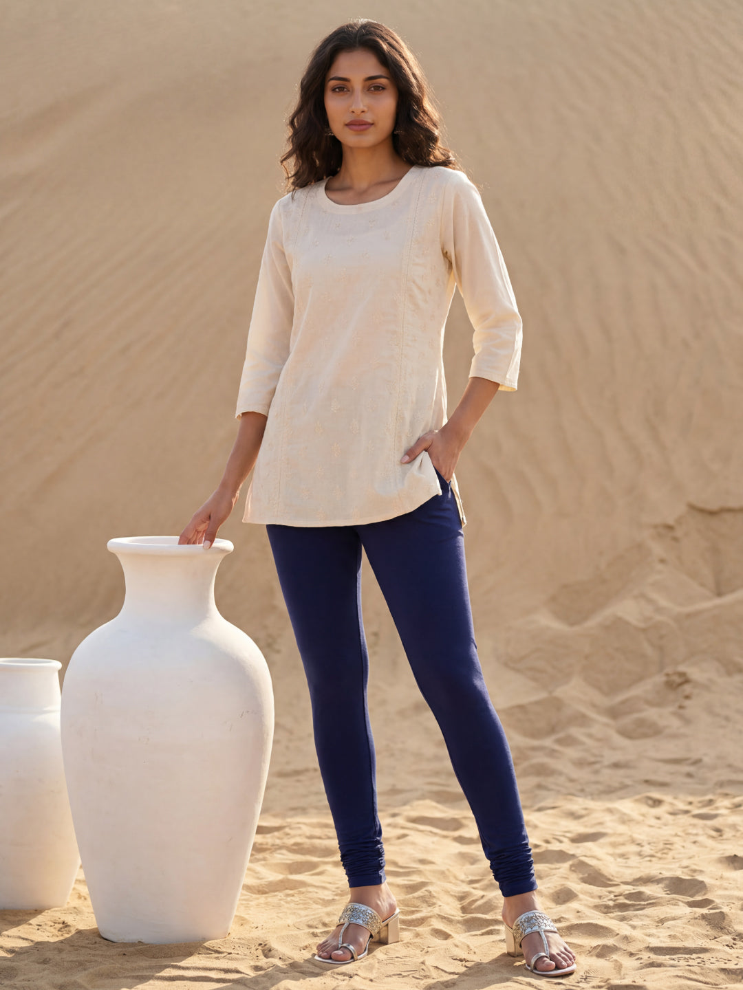 Ink Blue Cotton Stretch Ankle Length Leggings