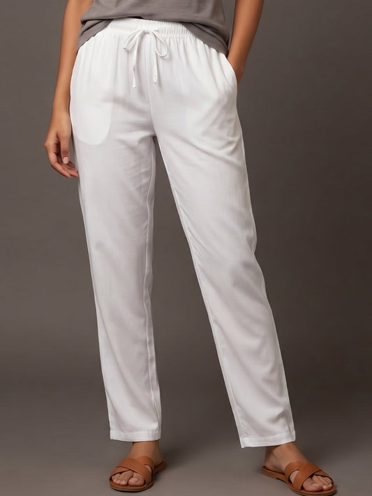 White Woven Viscose Casual Pants