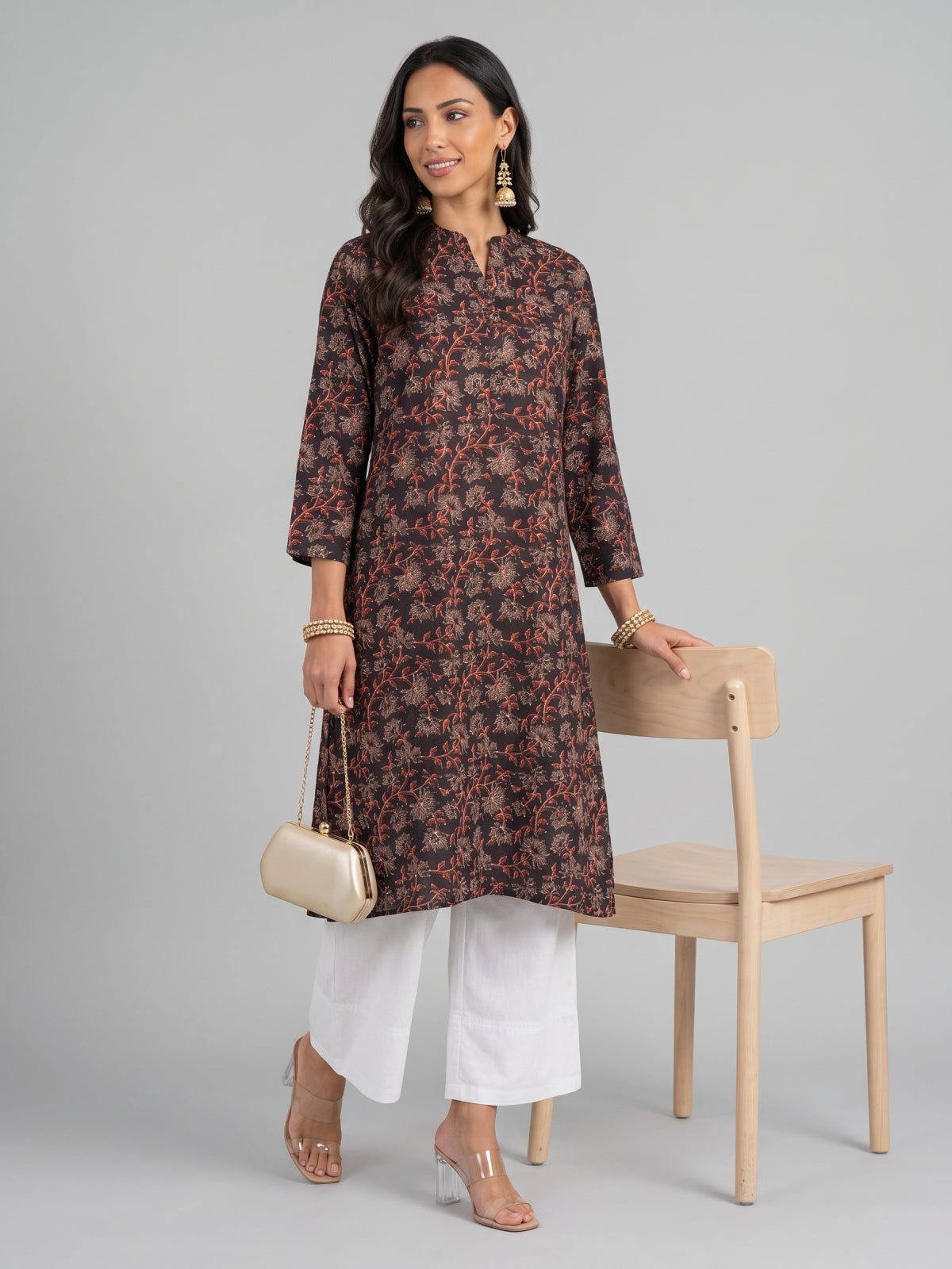 Cotton Black Floral Print Straight Kurta