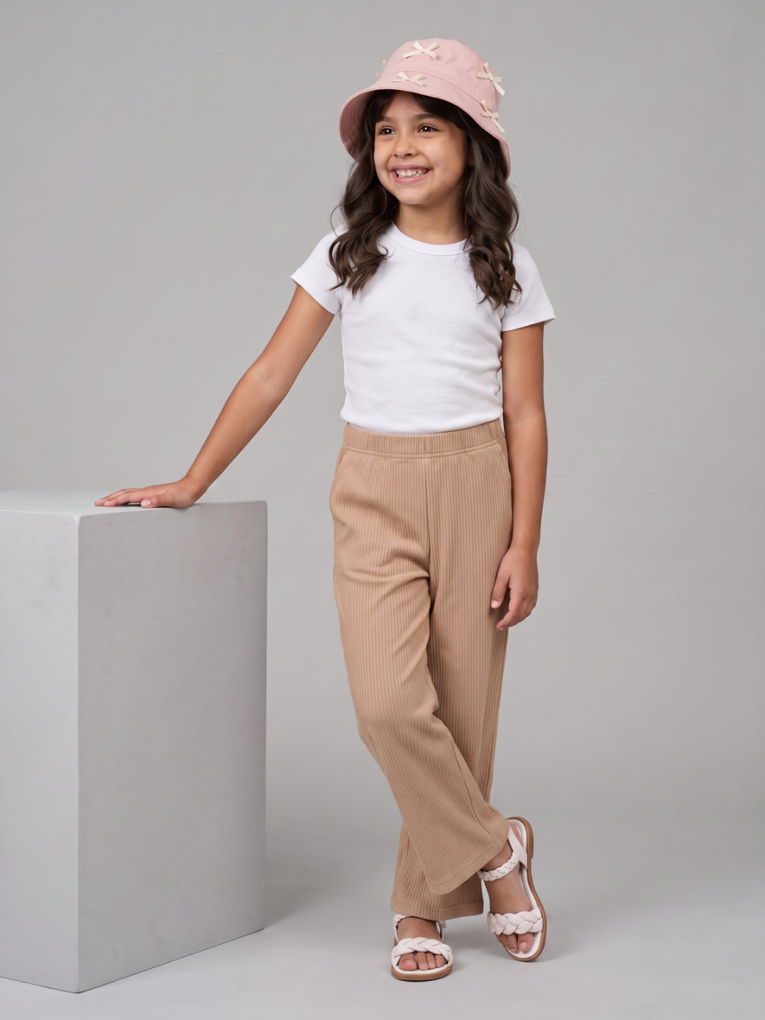 Beige Rayon Poly Stretch Rib Palazzo
