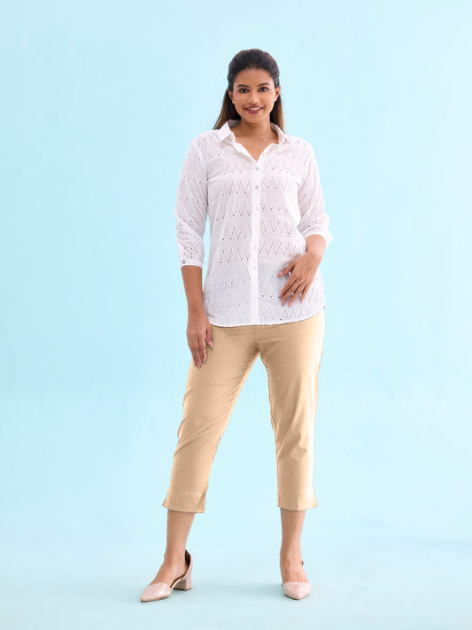 Light Beige Cotton Cropped Pencil Pant