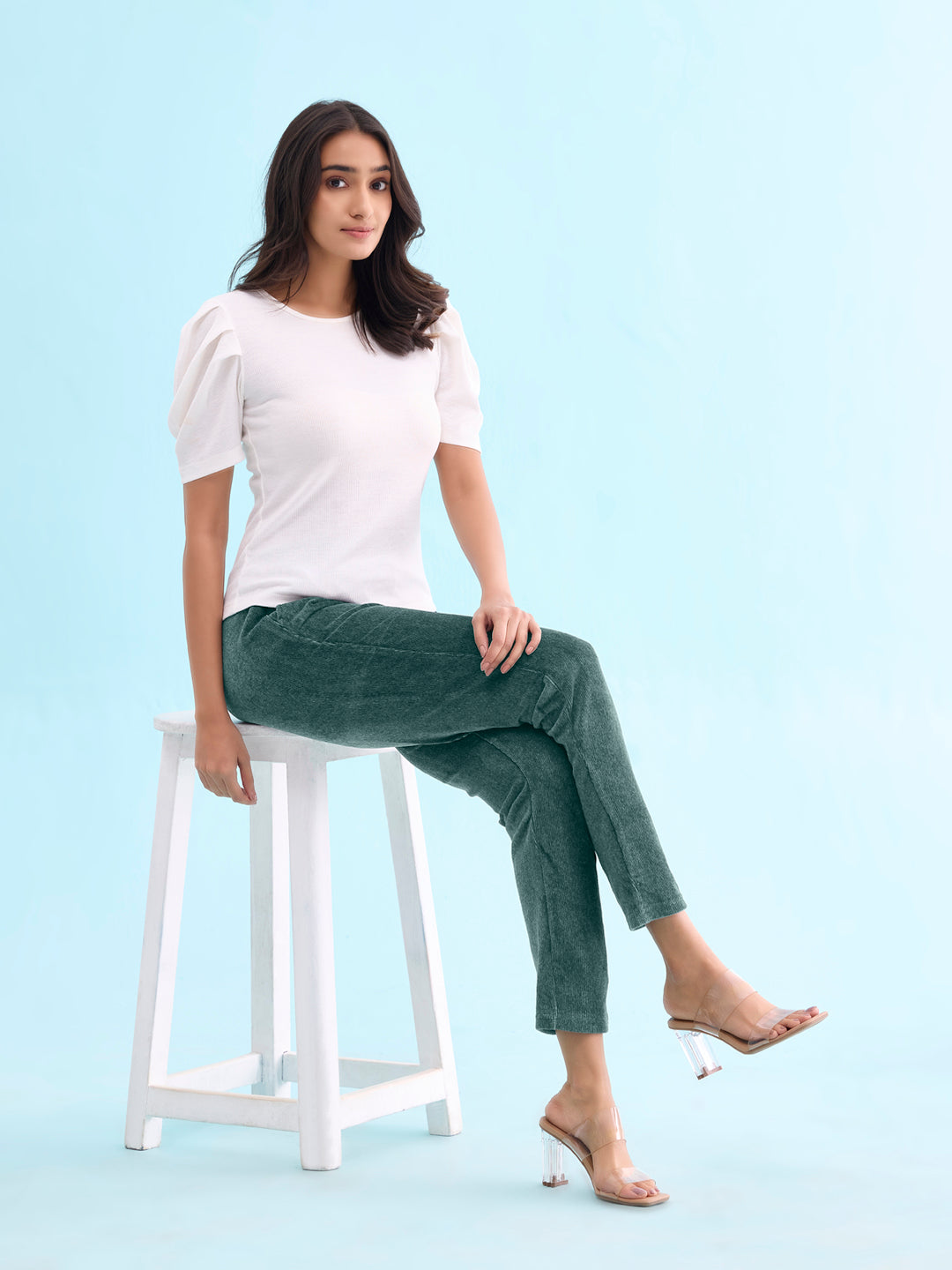 Ocean Green Cotton Polyester Corduroy Jeggings