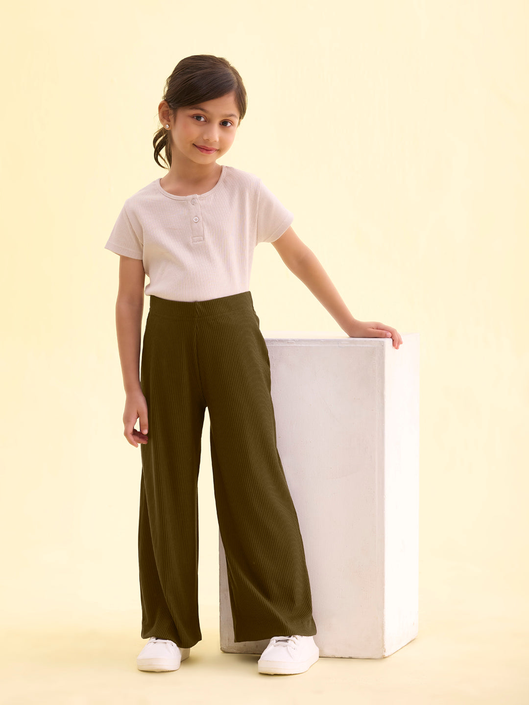 Olive Green Rayon Poly Stretch Rib Palazzo