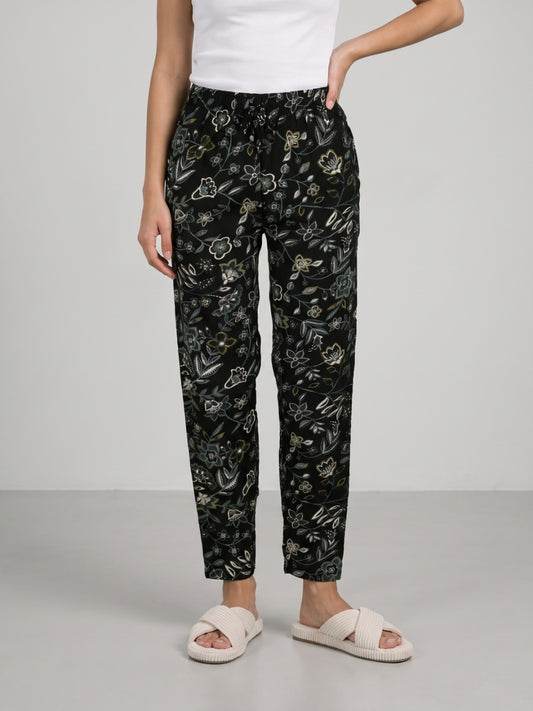Black Woven Viscose Printed Lounge Pants