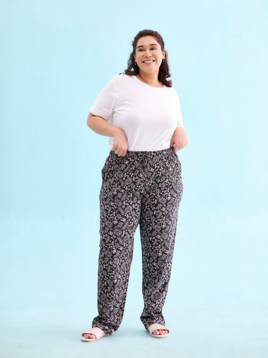 Black Cotton Knit Printed Lounge Pants