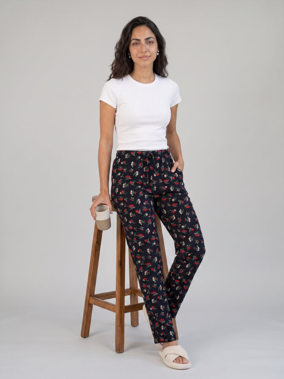 Black Cotton Knit Printed Lounge Pants