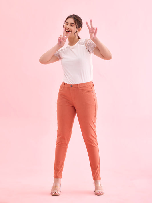 Orange Cotton Polyester Super Stretch Jeggings