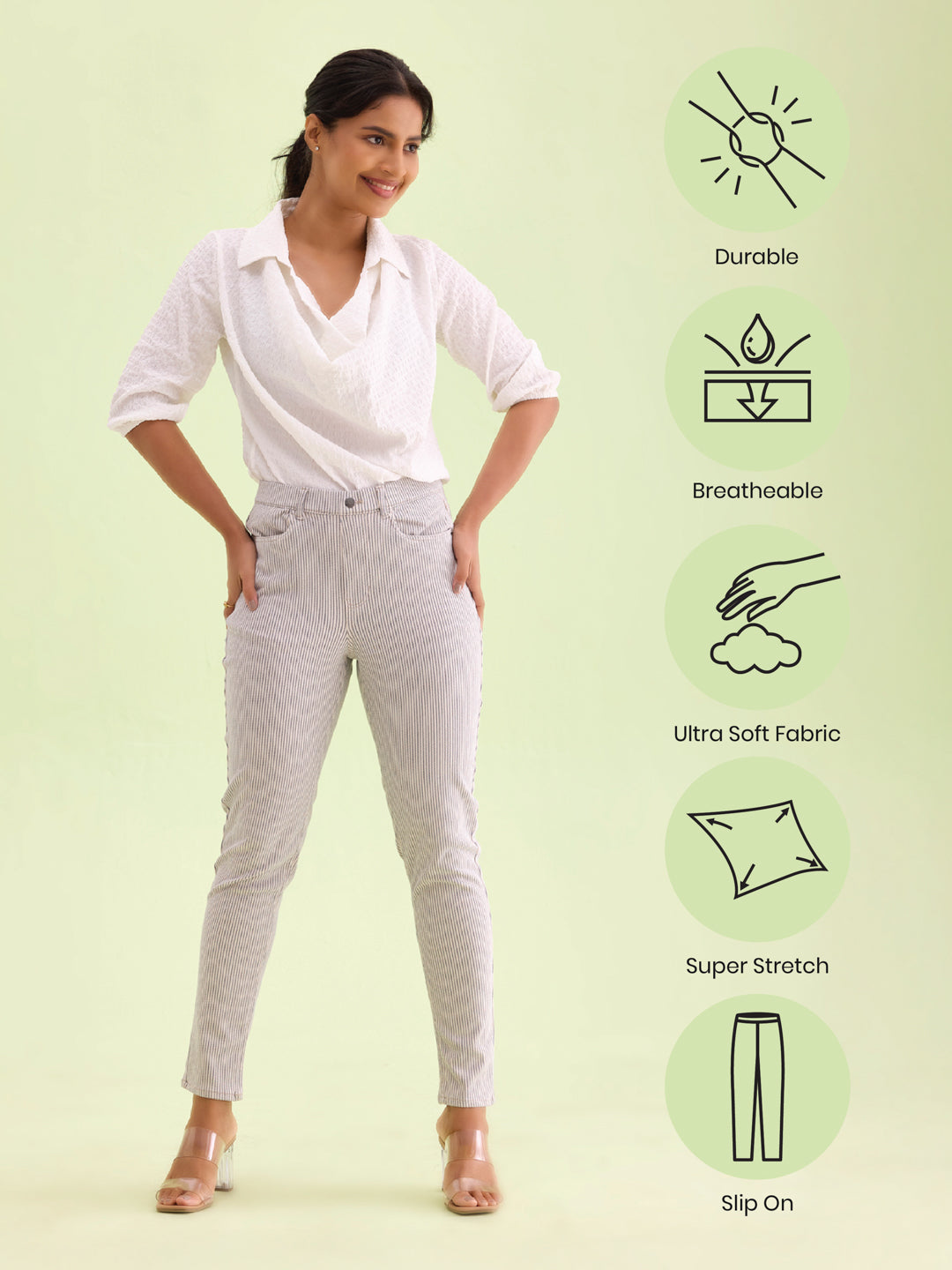 Off White Cotton Poly Stretch Stripes Printed Jeggings