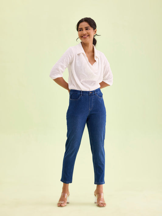 Blue Cotton Poly Stretch Cropped Denim Jeggings