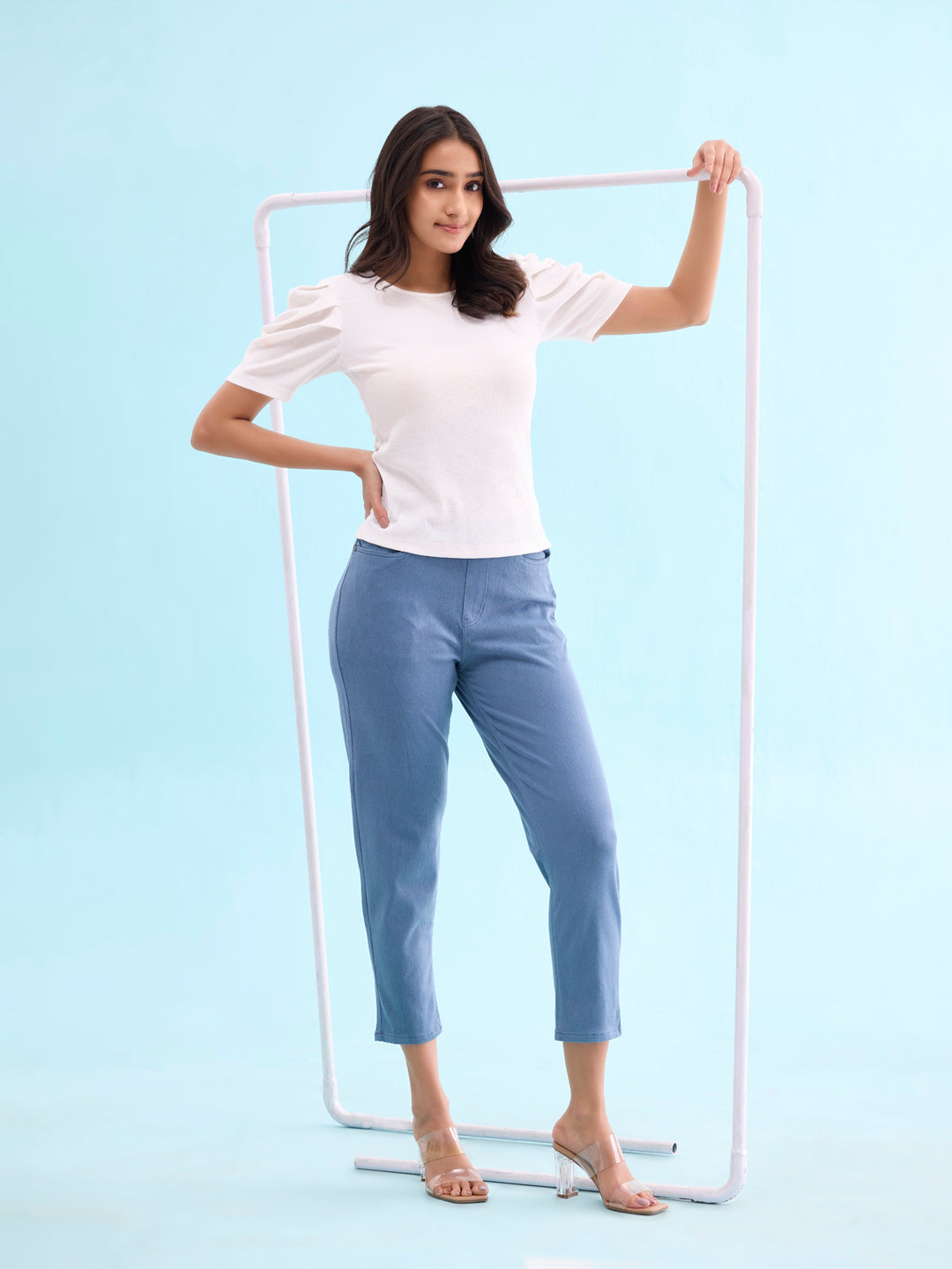 Jeans Blue Cotton Poly Stretch Cropped Colored Jeggings