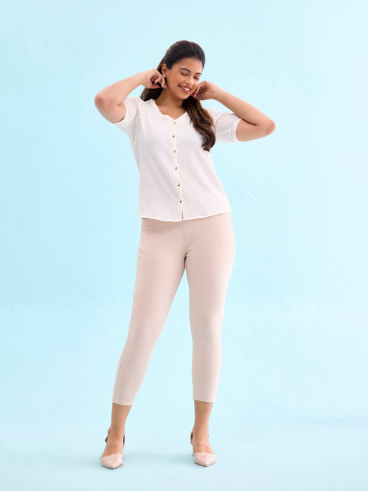 Light Beige Cotton Poly Stretch Cropped Colored Jeggings