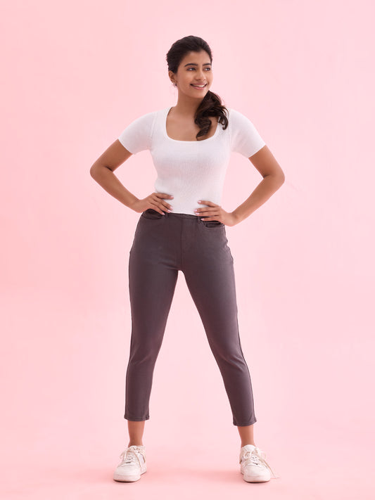 Silver Grey Cotton Poly Stretch Cropped Colored Jeggings