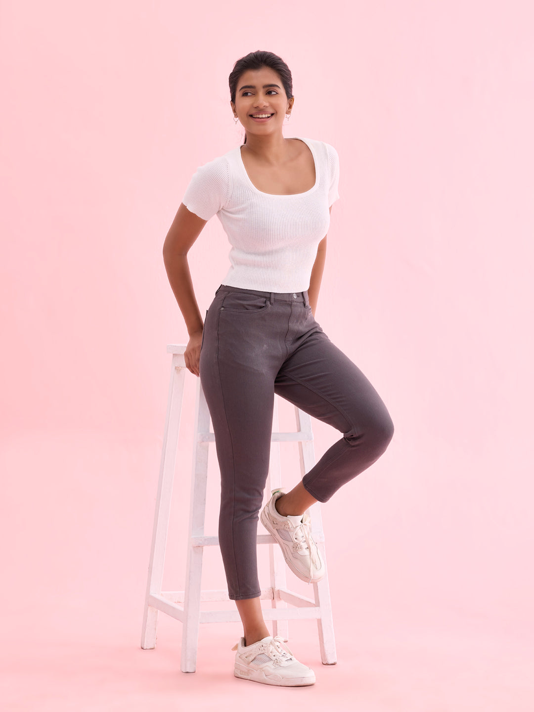 Silver Grey Cotton Poly Stretch Cropped Colored Jeggings