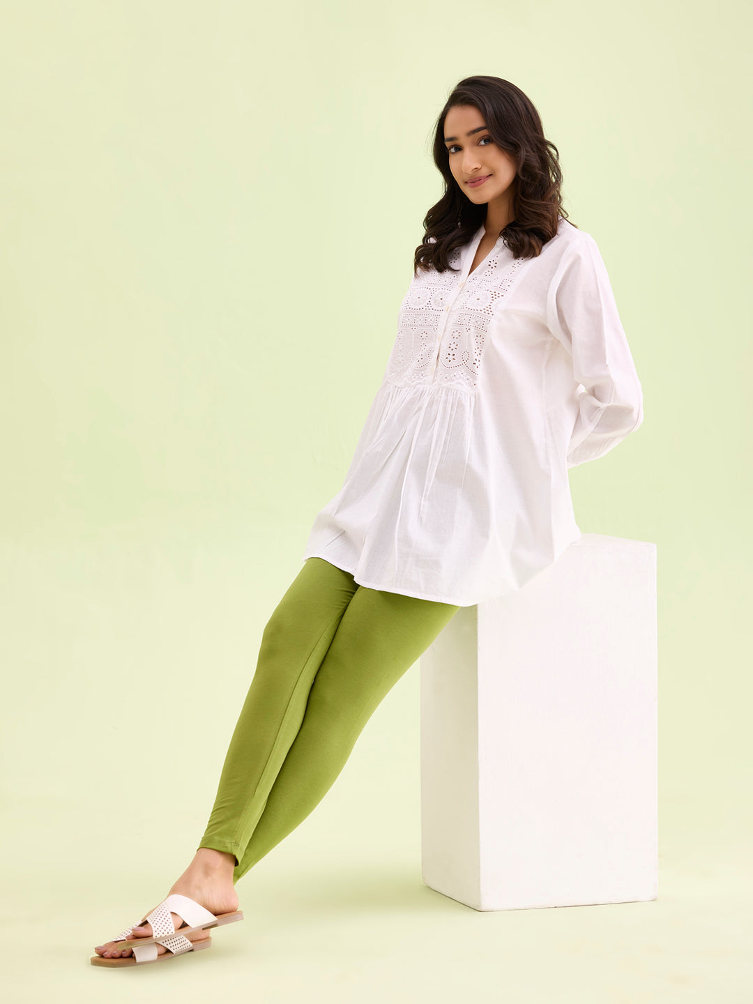 Pista Green Cotton Stretch Ankle Length Leggings