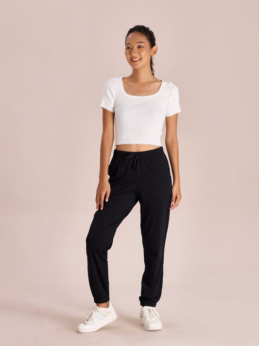 Black Cotton Stretch Casual Joggers